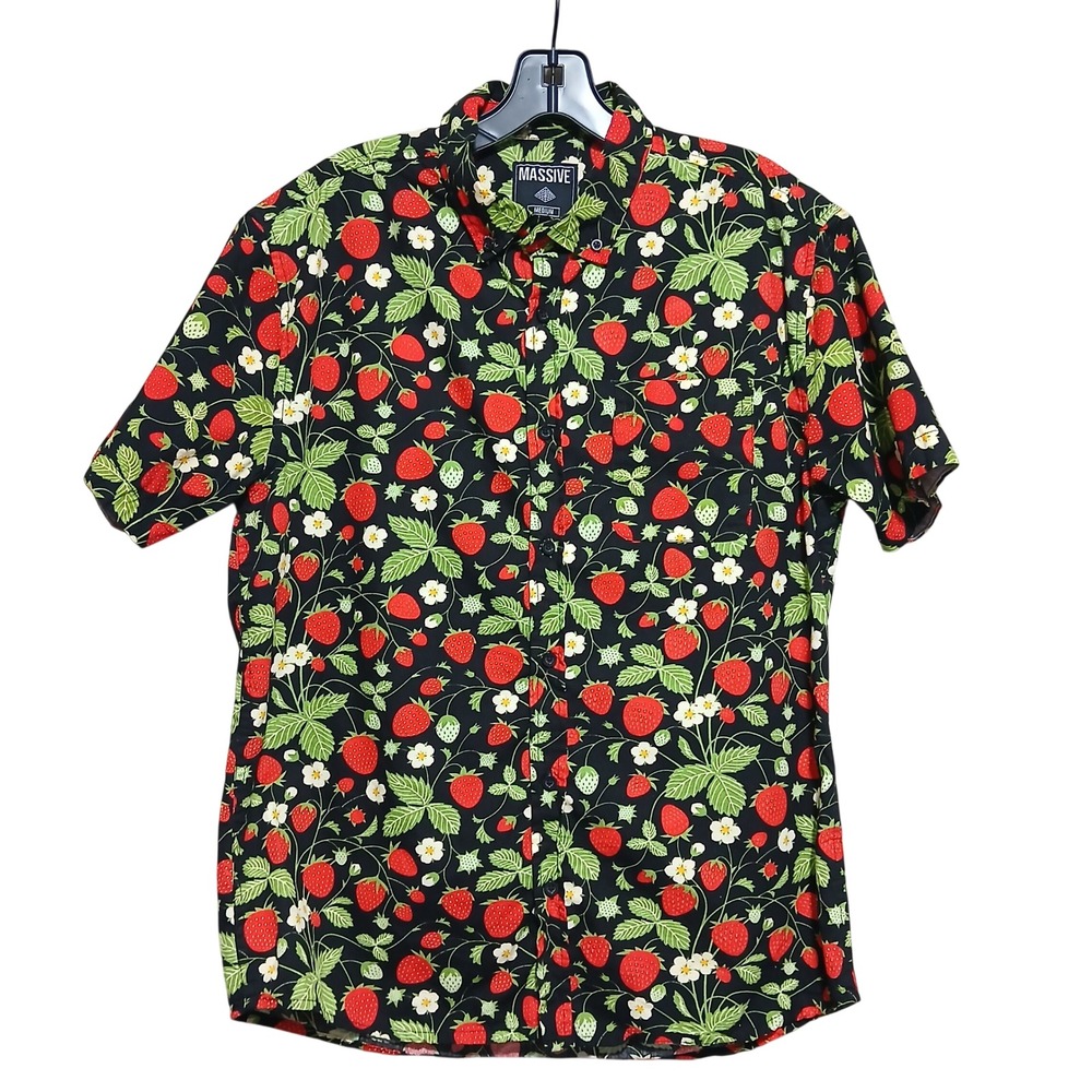 Massive Mens Strawberry Print‎ Short Sleeve Button Down Shirt Black Red Medium